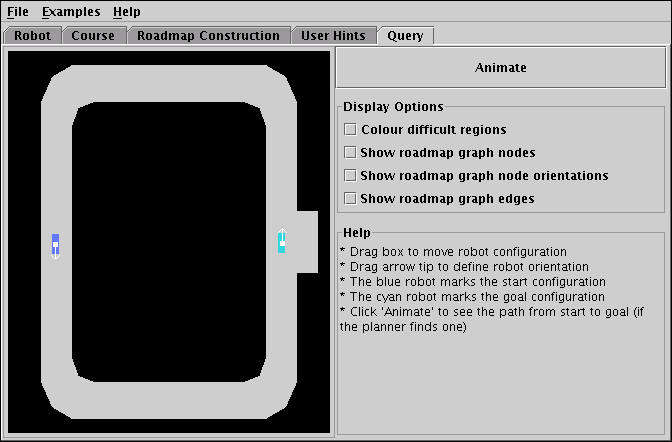 The query panel shows a path from the blue to the cyan configuration (if found).